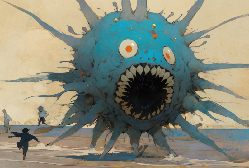 people laughing at the blue sea urchin monster going crazy and running amok 